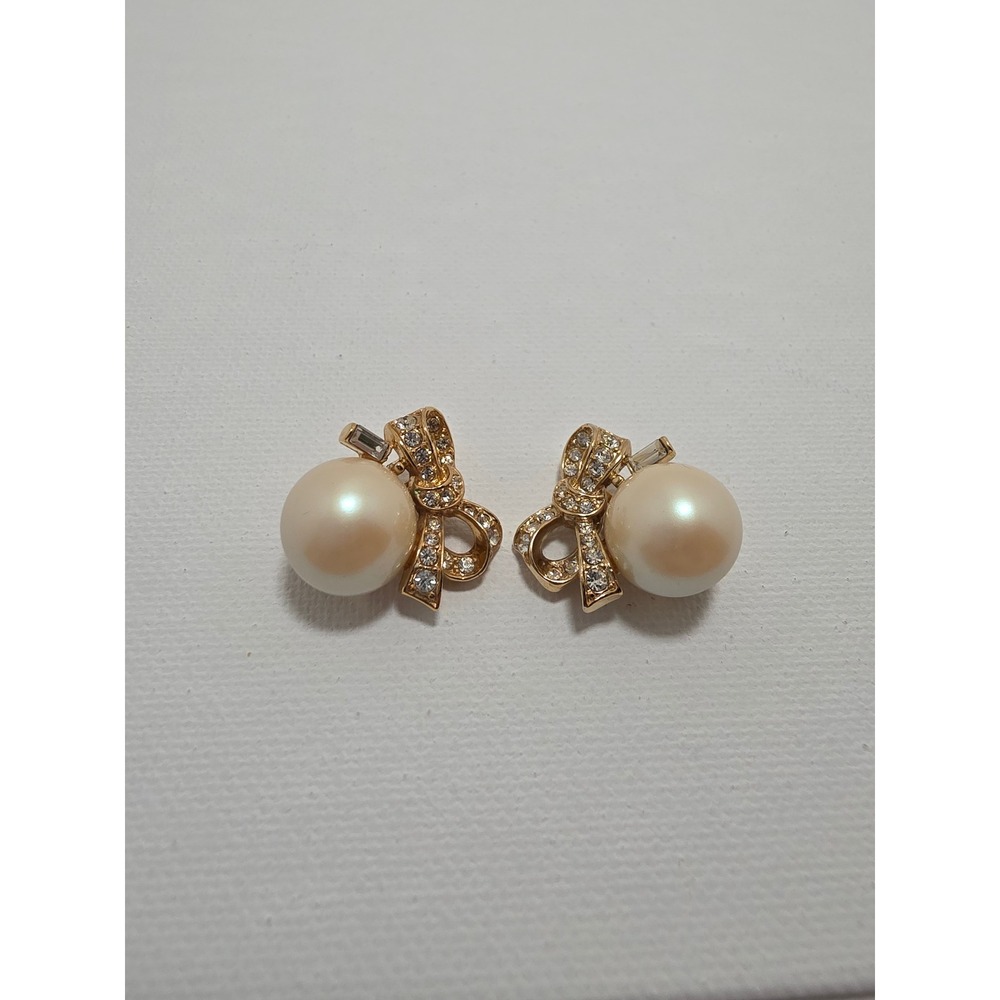 Vintage Nina Ricci Gold Tone Faux Pearl Bow Crystal Clip On Earrings